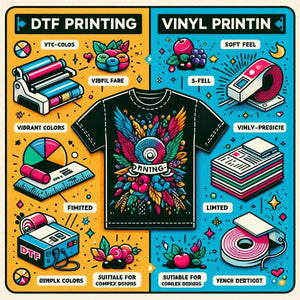Infographic comparing DTF printing and vinyl printing, highlighting features and benefits for garment decoration, including vibrant colors and precision.