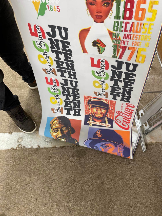 Collection of colorful custom DTF gang sheet transfers featuring Juneteenth and cultural icons designs on fabric.
