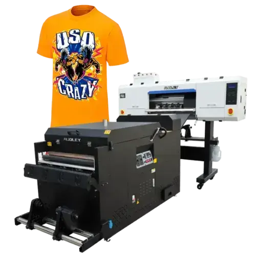 Custom DTF transfers orange t-shirt and DTF printer for high-quality digital printing.